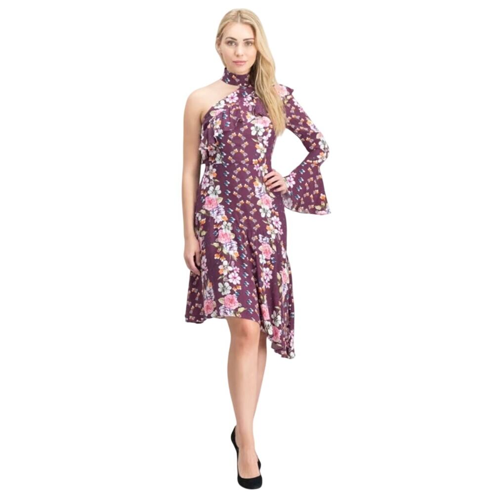 Parker Rine Elixir Meadow Silk Floral One Shoulder Midi Dress Size 8